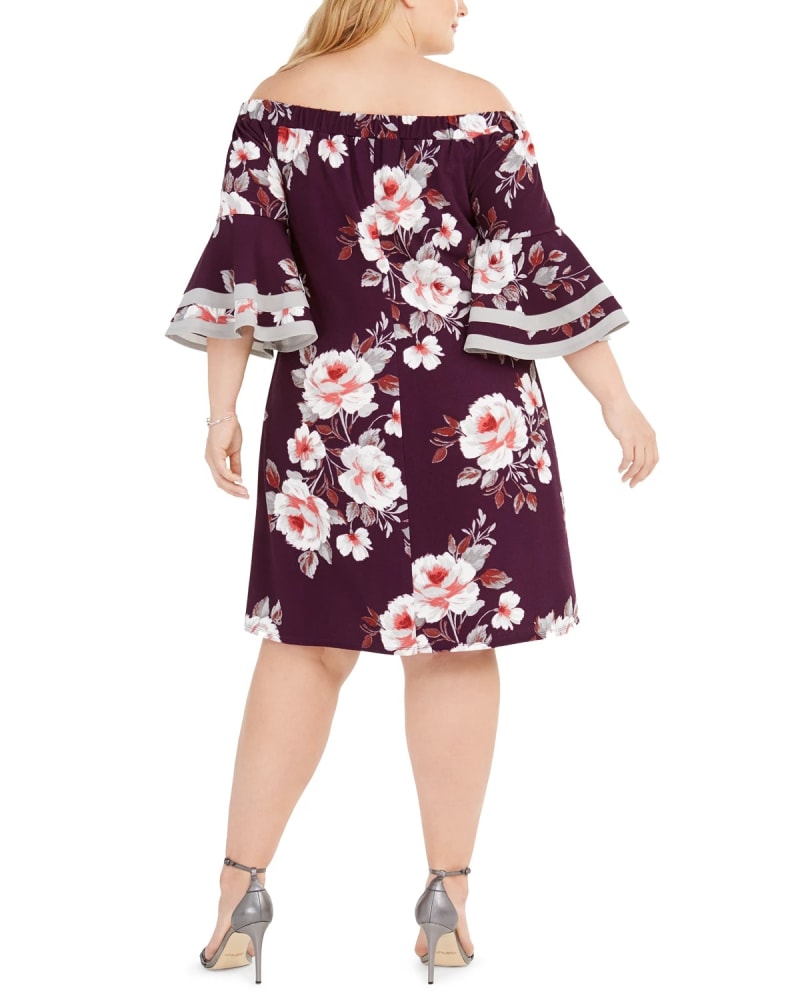 Back of a model wearing a size 2X Love Squared Women's Trendy Plus Size Off-The-Shoulder Floral Dress Purple Size 2X in Purple by Love Squared. | dia_product_style_image_id:313282